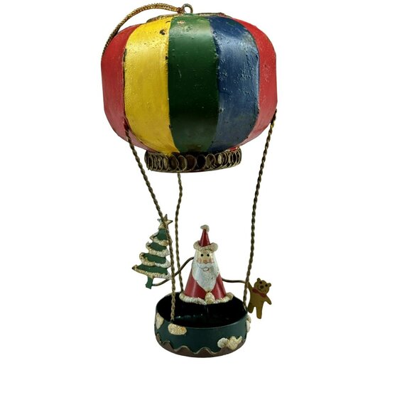 Hot Air Balloon Ornament Metal Santa w Christmas Tree Teddy Colorful Resin Top - Picture 1 of 4